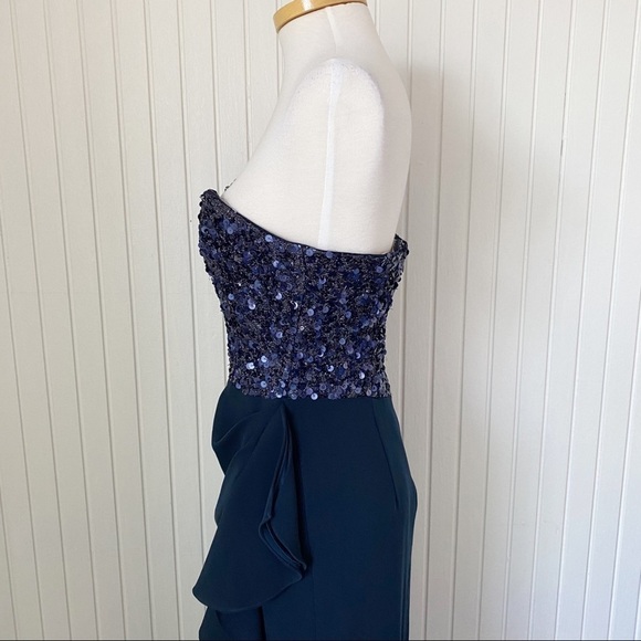 Badgley Mischka Navy Blue Strapless Sequins Ruffle Long Gown Dress Size 10 - Picture 6 of 14